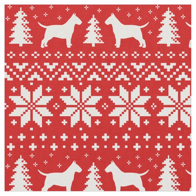 Bull Terrier Silhouettes Christmas Red and White Fabric (Close Up)