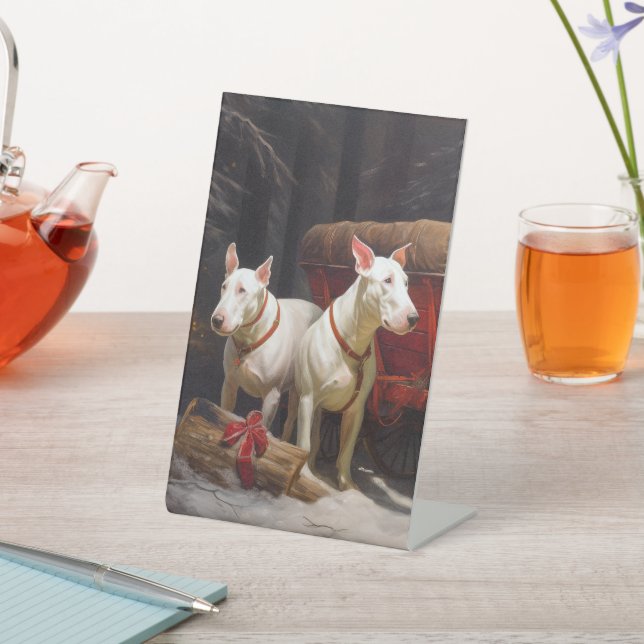 Bull Terrier Snowy Sleigh Christmas Decor Pedestal Sign (In SItu)