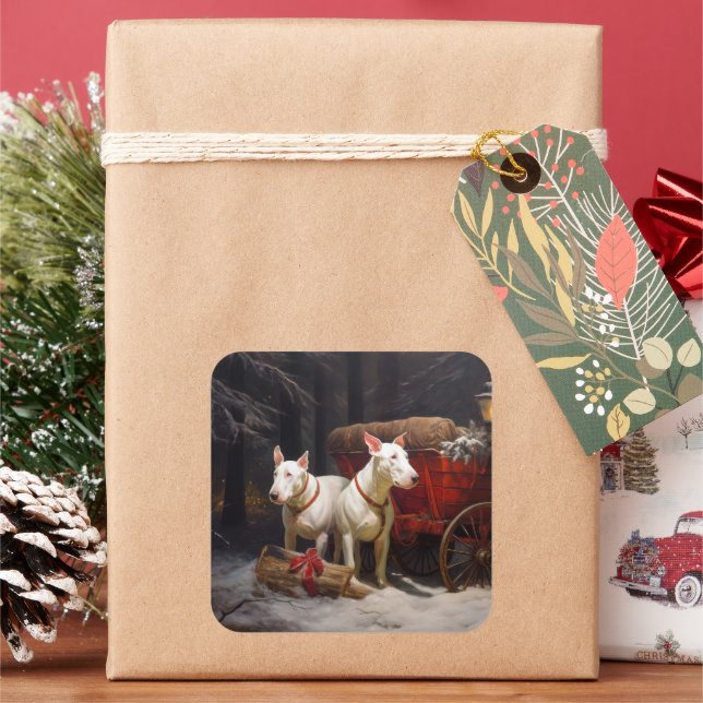 Bull Terrier Snowy Sleigh Christmas Decor Square Sticker (Holiday)