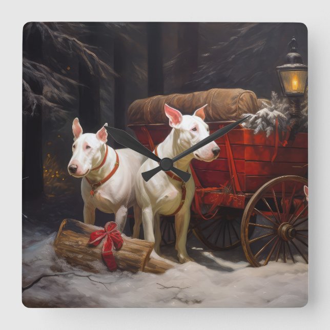 Bull Terrier Snowy Sleigh Christmas Decor Square Wall Clock (Front)