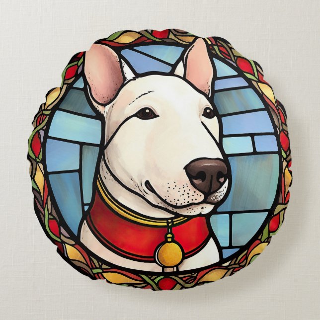Bull Terrier Stained Glass Christmas Round Pillow (Front)