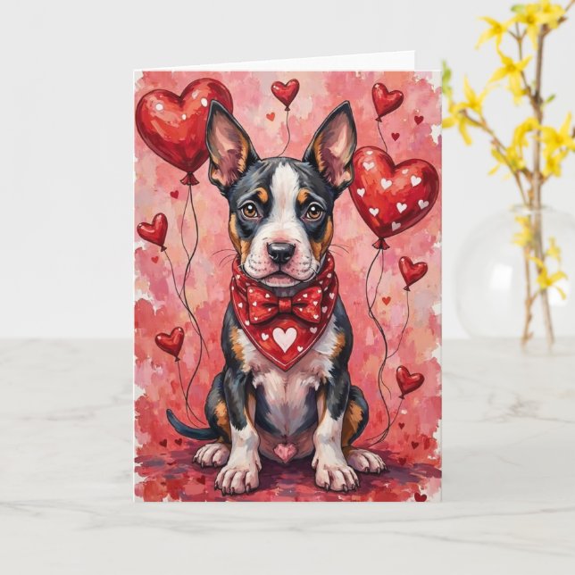Bull Terrier Valentine’s Day Dog with Hearts Red Card (Yellow Flower)