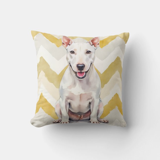 Bull Terrier Watercolor Zigzag Pattern Art Throw Pillow (Front)