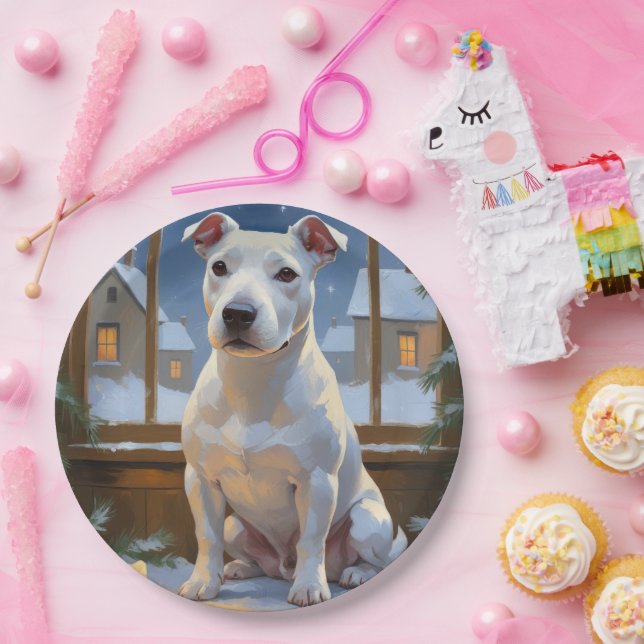 Bull Terrier with Christmas Lights Holiday Paper Plate (Party)