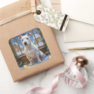 Bull Terrier with Christmas Lights Holiday Square Sticker