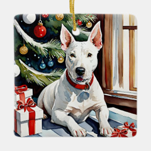 Bull Terrier's Festive Frolic Christmas  Ceramic Ornament