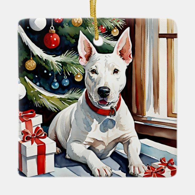 Bull Terrier's Festive Frolic Christmas  Ceramic Ornament (Front)