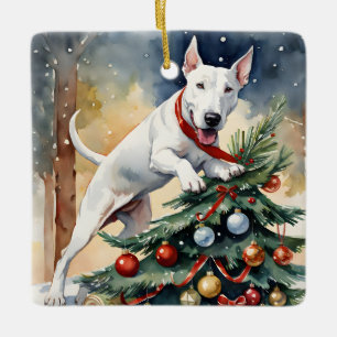 Bull Terrier's Festive Frolic Christmas  Ceramic Ornament