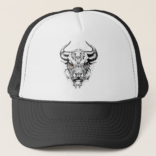 Bull Wild Animal Nature Illustration Art Tattoo Trucker Hat (Front)