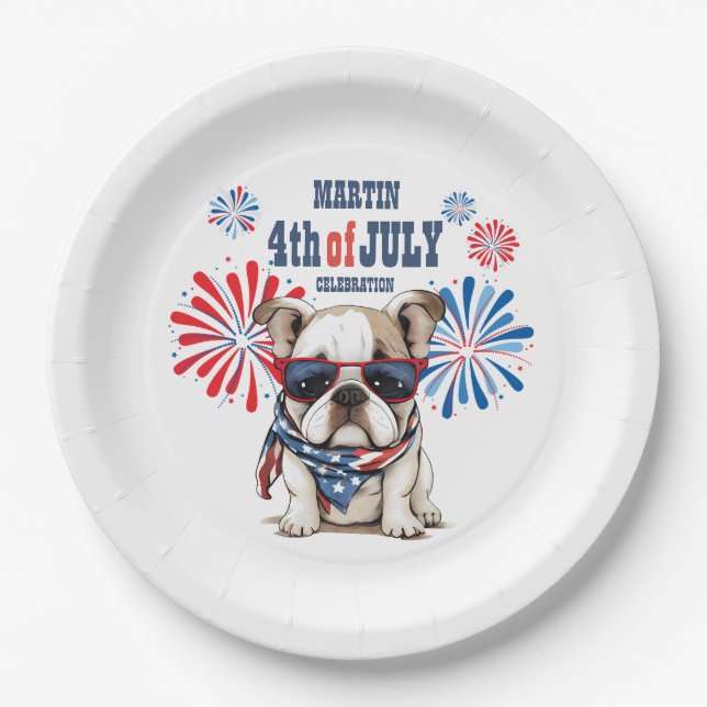 Bulldog 4th July Independence Day Red White Blue Paper Plate (Front)