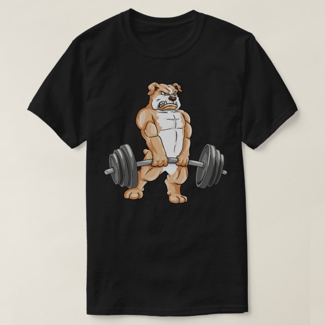 Bulldog at bodybuilding with barbell T-Shirt (Design Front)