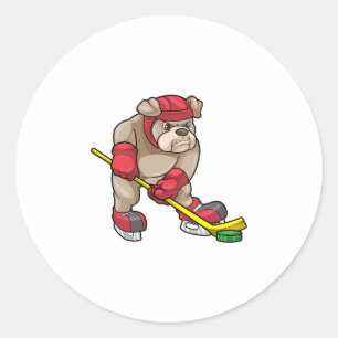 Bulldog at Ice hockey with Hockey stick Classic Round Sticker