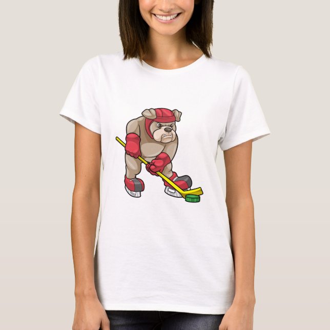 Bulldog at Ice hockey with Hockey stick T-Shirt (Front)