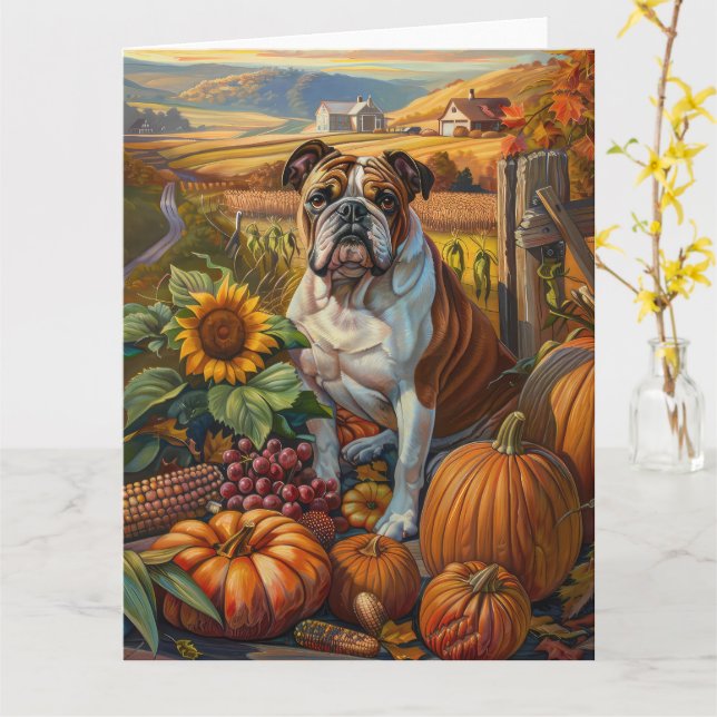 Bulldog Autumn Harvest Thanksgiving Card (Yellow Flower)