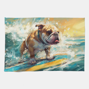 Bulldog Beach Surfing Painting Kitchen Towel