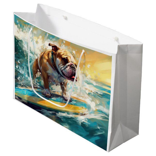 Bulldog Beach Surfing Painting Large Gift Bag (Front Angled)
