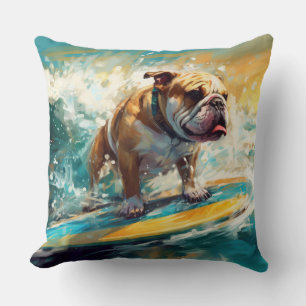 Bulldog Beach Surfing Painting Throw Pillow