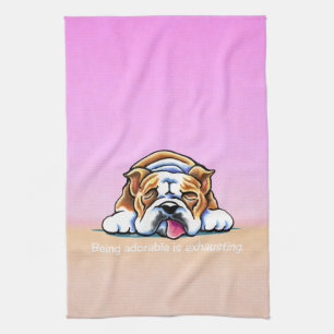 Bulldog Being Adorable Pink Off-Leash Art™ Kitchen Towel