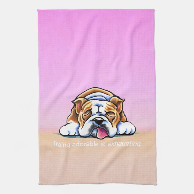 Bulldog Being Adorable Pink Off-Leash Art™ Kitchen Towel (Vertical)