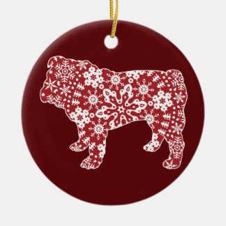 Bulldog, Boho Christmas Snowflakes Ceramic Ornament