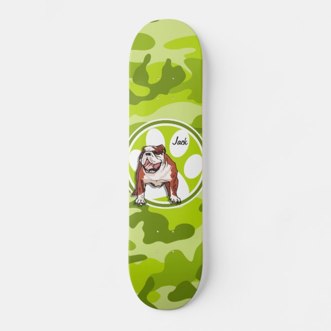Bulldog; bright green camo, camouflage skateboard (Front)
