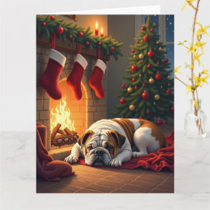 Bulldog by the Fireplace Christmas Painting Card