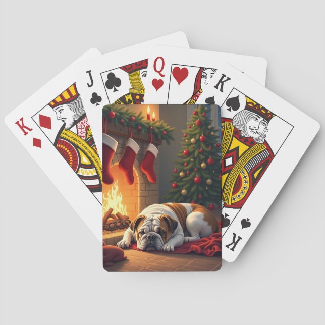 Bulldog by the Fireplace Christmas Painting Playing Cards (Back)