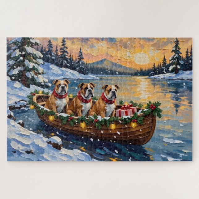 Bulldog Christmas Boat Holiday Jigsaw Puzzle (Horizontal)