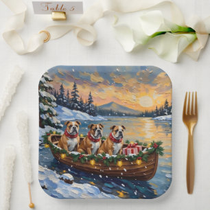 Bulldog Christmas Boat Holiday Paper Plate