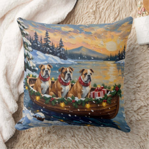 Bulldog Christmas Boat Holiday Throw Pillow
