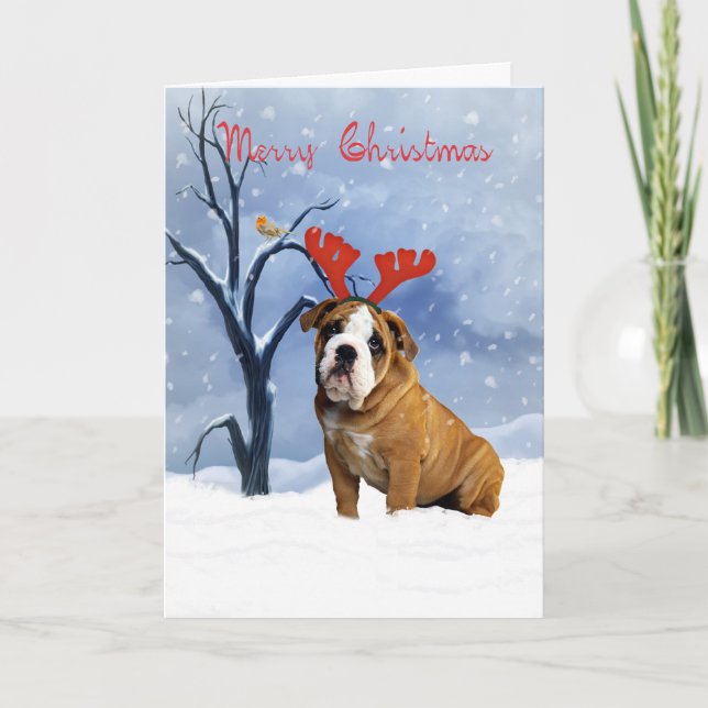 bulldog christmas card - bulldog has reindeer antl (Front)