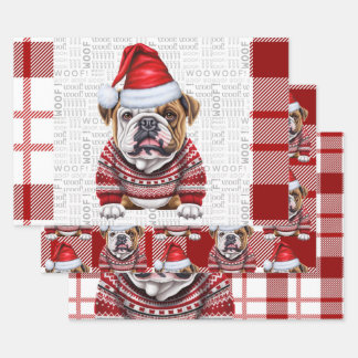 Bulldog Christmas Dog Red White Plaid Wrapping Paper Sheet