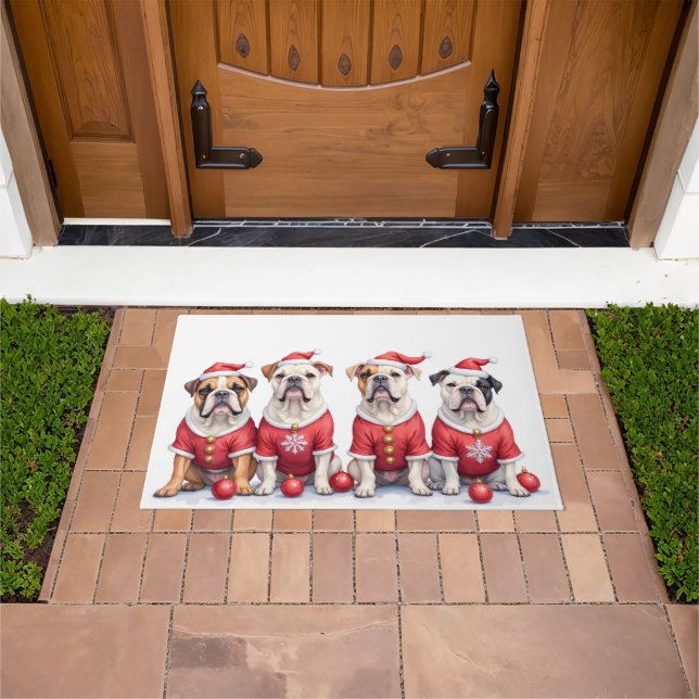 Bulldog Christmas Dress Santa Hat Doormat (Outdoor)