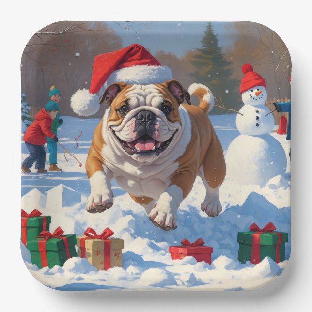 Bulldog Christmas Festive Snow Scene Paper Plate (Front)