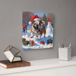 Bulldog Christmas Festive Snow Scene Square Wall Clock