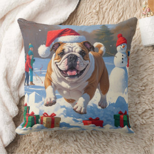 Bulldog Christmas Festive Snow Scene Throw Pillow
