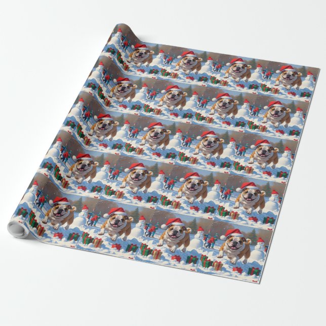Bulldog Christmas Festive Snow Scene Wrapping Paper (Unrolled)
