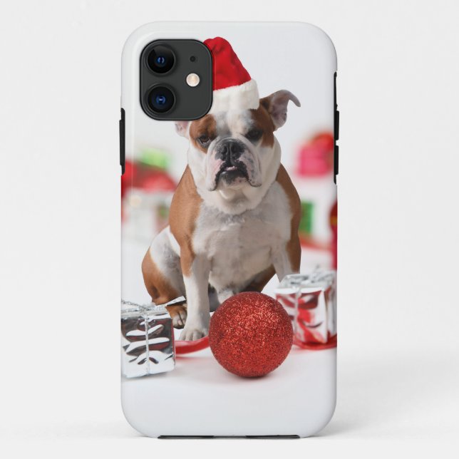 Bulldog Christmas Gift Box Ornaments Red Santa Hat Case-Mate iPhone Case (Back)