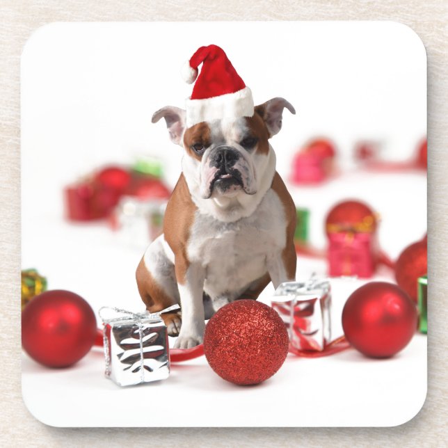 Bulldog Christmas Gift Box Ornaments Red Santa Hat Coaster (Front)