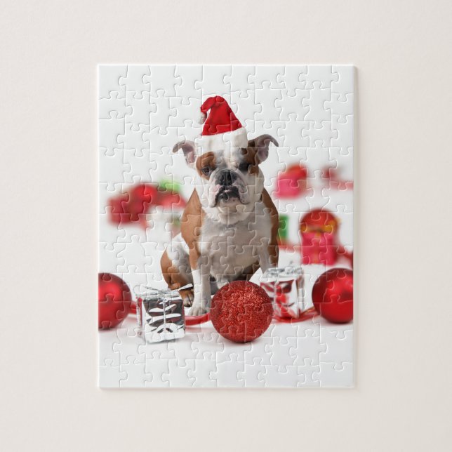 Bulldog Christmas Gift Box Ornaments Red Santa Hat Jigsaw Puzzle (Vertical)
