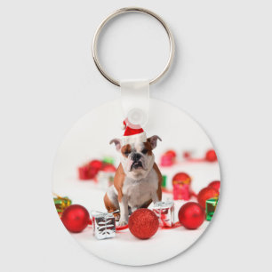 Bulldog Christmas Gift Box Ornaments Red Santa Hat Keychain