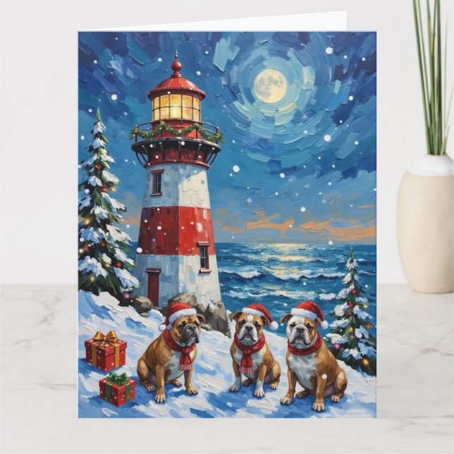 Bulldog Christmas Lighthouse Holiday Card (Front)