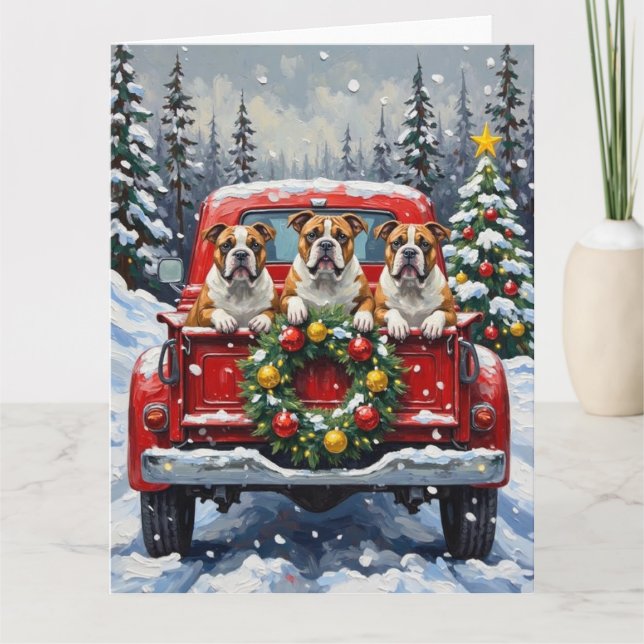 Bulldog Christmas Red Truck Holiday Card (Front)