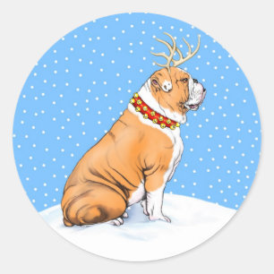 Bulldog Christmas Reindeer Red & White Classic Round Sticker