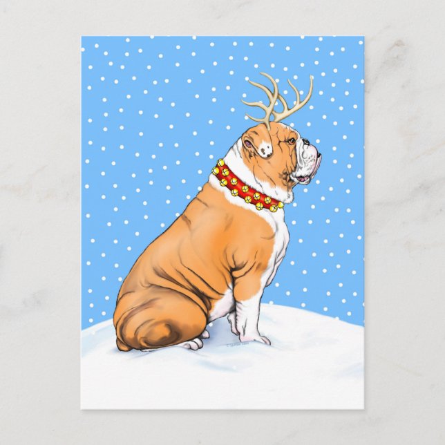 Bulldog Christmas Reindeer Red & White Holiday Postcard (Front)