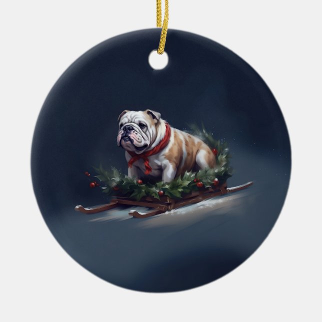 Bulldog Christmas snow winter Ceramic Ornament (Front)