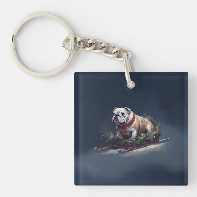 Bulldog Christmas snow winter Keychain (Front)