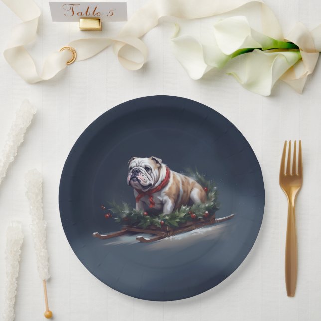 Bulldog Christmas snow winter Paper Plate (Wedding)