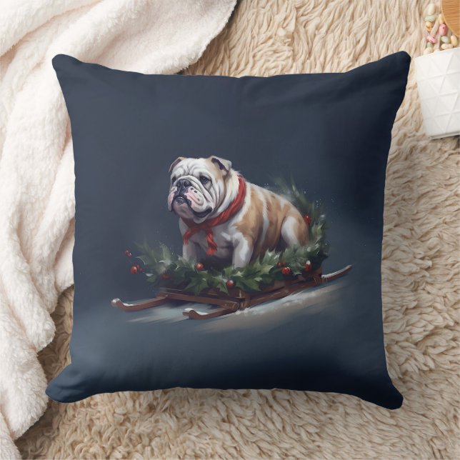 Bulldog Christmas snow winter Throw Pillow (Blanket)