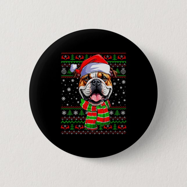 Bulldog Christmas Ugly Sweater Funny Santa Hat Dog 2 Inch Round Button (Front)